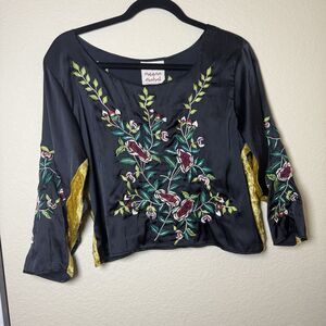 Meena Mahal Black Satin Floral Embroidered Top With Velvet Boho Art Size L